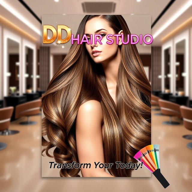 A vibrant and stylish poster design for DD HAIR STUDIO, featuring luxurious hair extensions