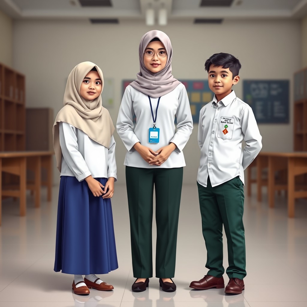 A portrait of Malaysian school students featuring a Malay girl wearing a hijab, dressed in a white blouse and a blue skirt, and a Malay boy in a white shirt and dark green slacks