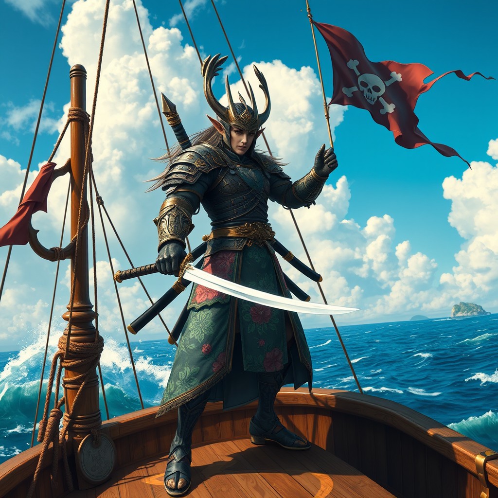 An Eladrin elf samurai standing confidently on a pirate ship, showcasing an elegant yet fierce demeanor, with intricate armor decorated with floral patterns that reflect their seasonal nature