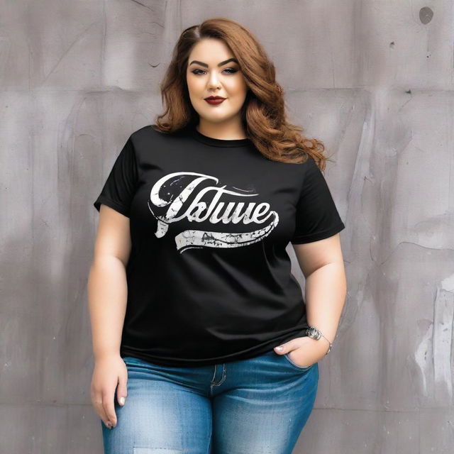 Design a plus-size, loose black t-shirt with the logo 'Ubique'. The logo should be in a bubble graffiti font, reflective of street-style fashion.