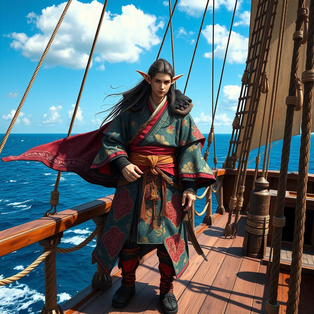 An Eladrin Elf samurai standing proudly on a pirate ship, wearing a detailed and ornate kamishimo, which showcases vibrant colors and intricate patterns typical of traditional Japanese attire