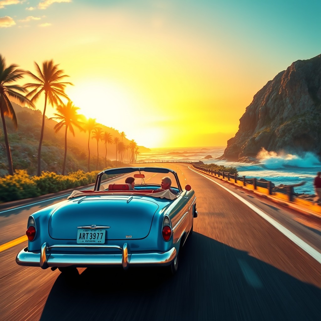 A vibrant road trip scene featuring a retro car driving along a picturesque coastal highway