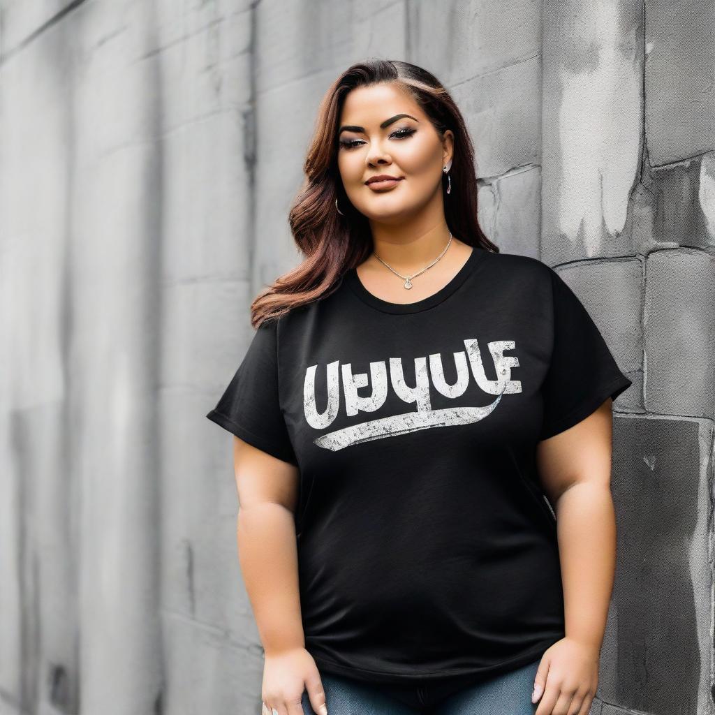 Design a plus-size, loose black t-shirt with the logo 'Ubique'. The logo should be in a bubble graffiti font, reflective of street-style fashion.