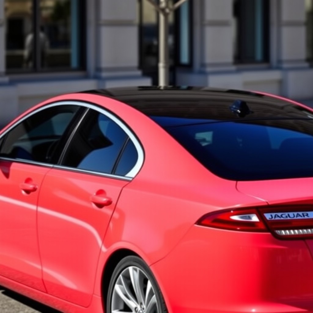 A stunning 2012 Jaguar XF, showcasing a vibrant neon coral body with a sleek black roof