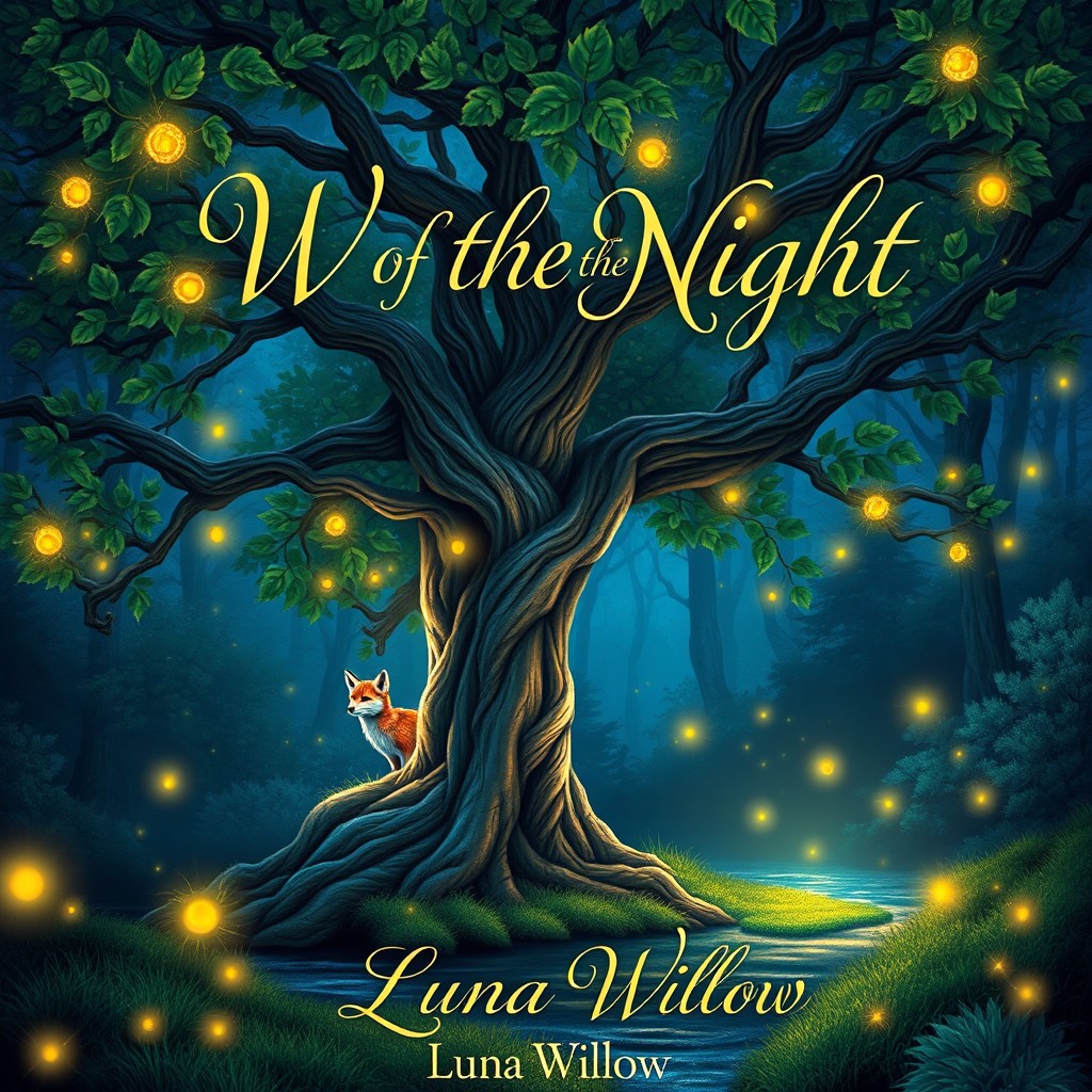 A captivating book cover design featuring an enchanting forest at twilight, with glowing fireflies illuminating the path