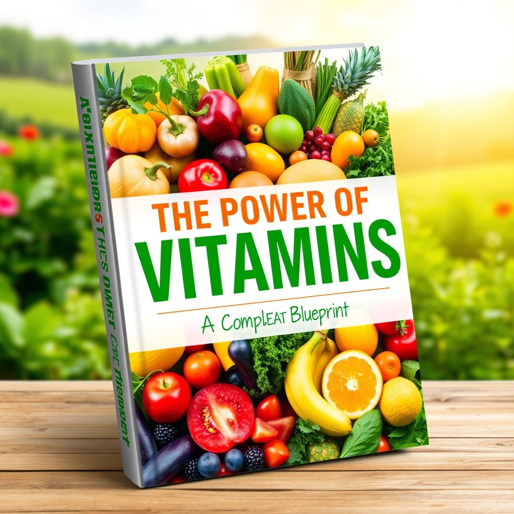 A visually striking book cover for 'The Power of Vitamins - A ComplEAT Blueprint', featuring a vibrant arrangement of various fruits, vegetables, and herbs bursting with color