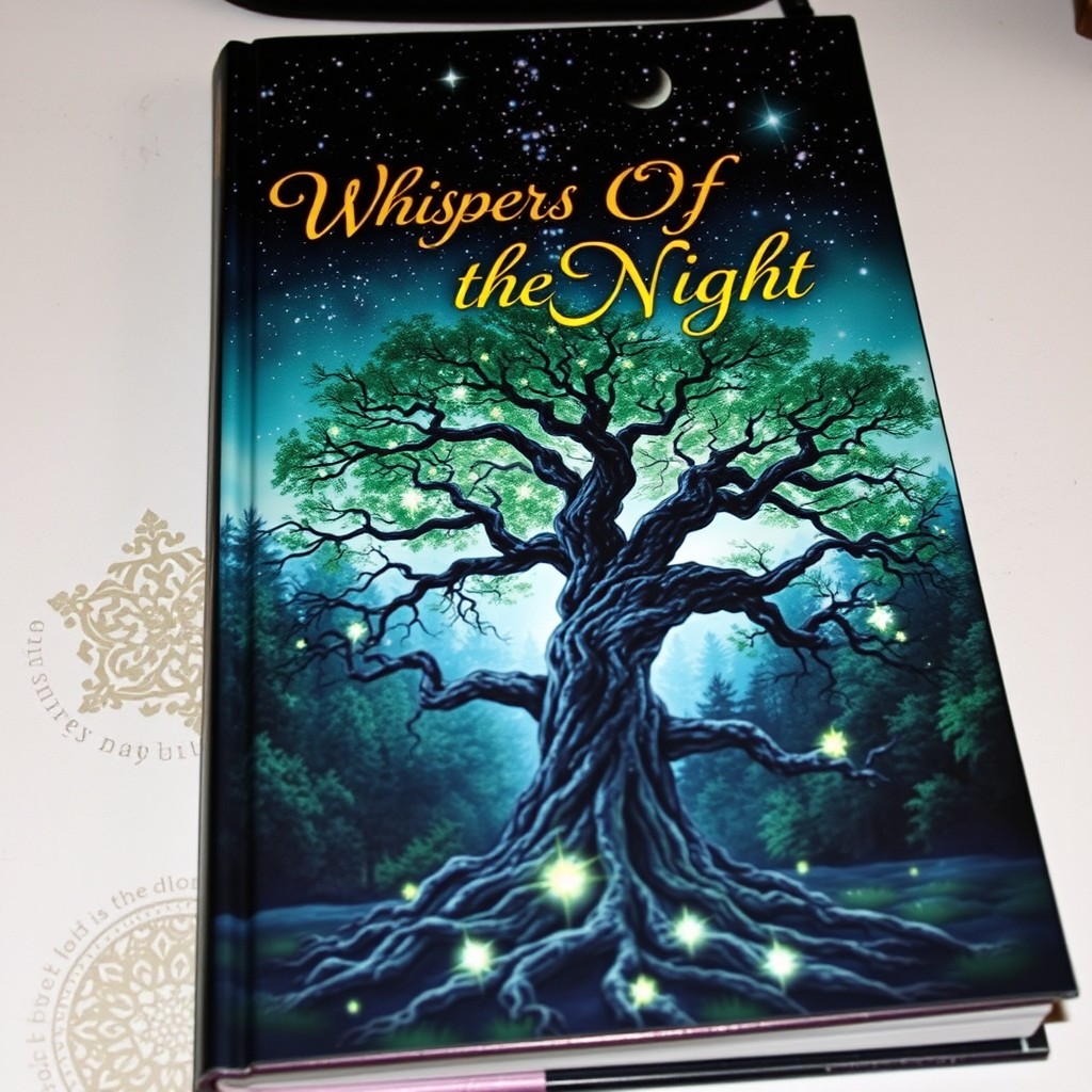 A captivating book cover featuring a mystical forest blending into an open starry sky