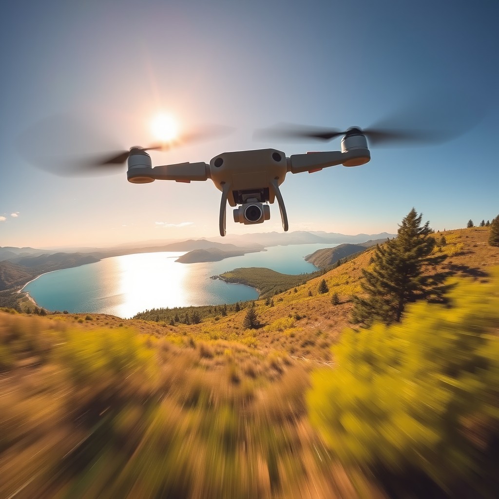 A dynamic and exciting first-person view (FPV) flight showcasing a drone soaring through a scenic landscape