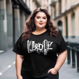 Design a plus-size, loose black t-shirt with the logo 'Ubique'. The logo should be in a bubble graffiti font, reflective of street-style fashion.