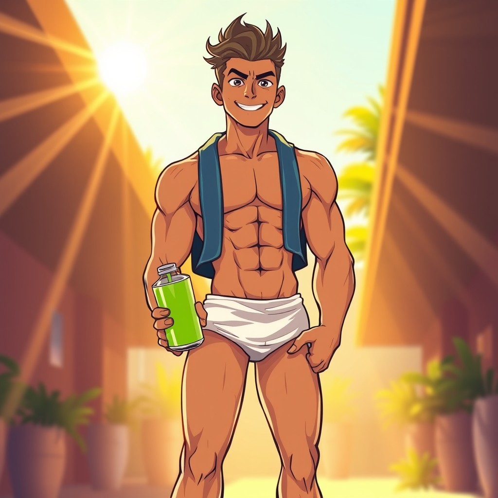 A stylized depiction of Wojak, transformed into a hot and handsome character after taking an energy drink