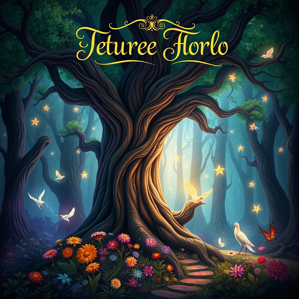 An enchanting book cover design featuring a mystical forest filled with whimsical creatures and glowing, ethereal elements