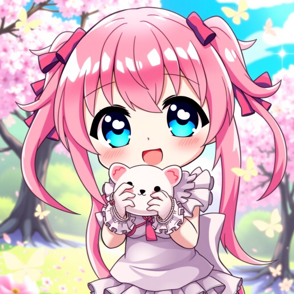 A cute anime girl with large sparkling blue eyes, long pink hair styled in twin-tails, wearing a stylish casual outfit with frills and ribbons