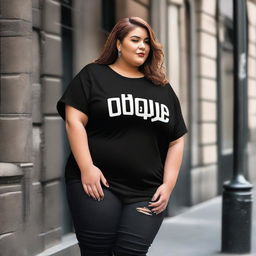 Design a plus-size, loose black t-shirt with the logo 'Ubique'. The logo should be in a bubble graffiti font, reflective of street-style fashion.