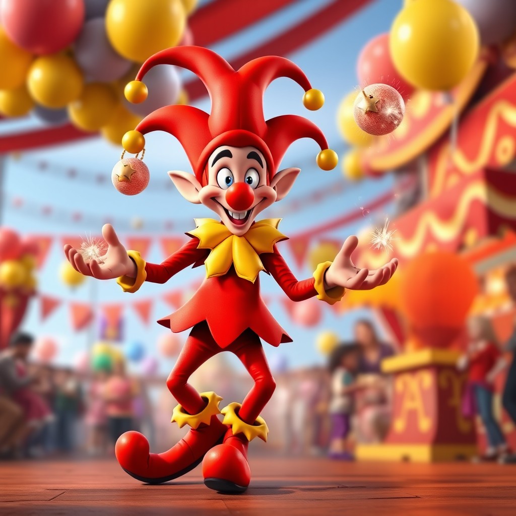 A whimsical red jester character with a playful and mischievous expression, wearing a vibrant red and yellow outfit adorned with bells, a pointed hat with tassels, oversized shoes, and a colorful collar