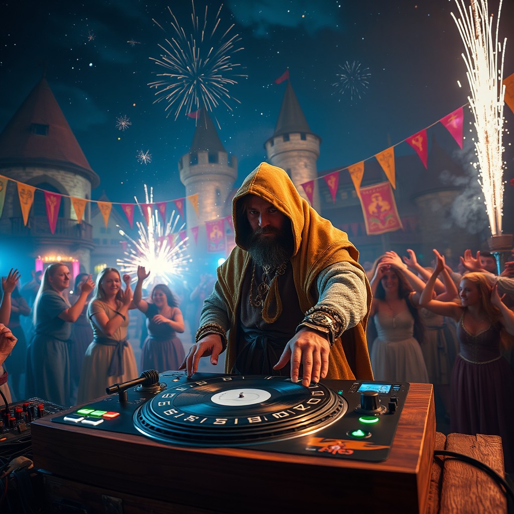 A vibrant and energetic medieval rave scene featuring a DJ in full medieval attire, complete with a flowing cloak and ornate tunic, spinning electronic music on a wooden turntable adorned with glowing runes
