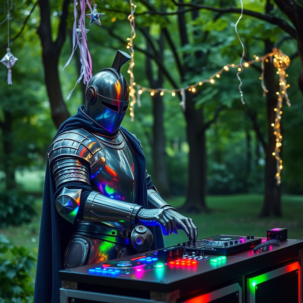 A medieval knight in full armor, with a colorful LED DJ booth set up in a lush, green forest clearing