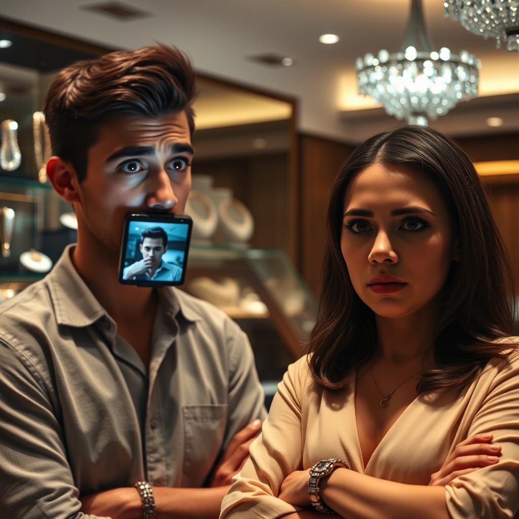 A dramatic scene set in a modern jewelry shop, with a focus on a young man looking shocked and guilty while viewing footage on a smartphone screen
