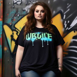 Design a plus-size, loose black t-shirt with the logo 'Ubique'. The logo should be in a bubble graffiti font, representative of street-style fashions.