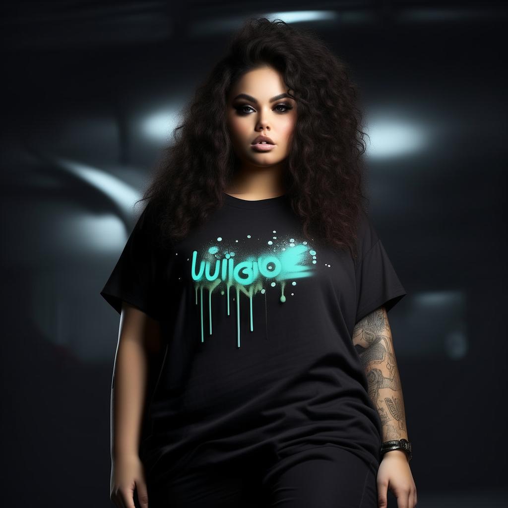 Design a plus-size, loose black t-shirt with the logo 'Ubique'. The logo should be in a bubble graffiti font, representative of street-style fashions.