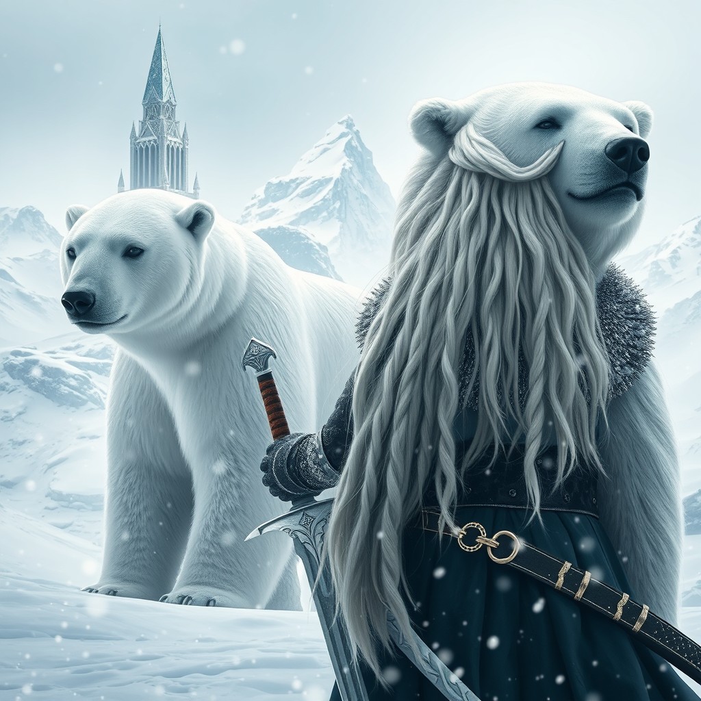 A stunning scene featuring a princess with long white hair, viewed from the front, holding a sword in her right hand