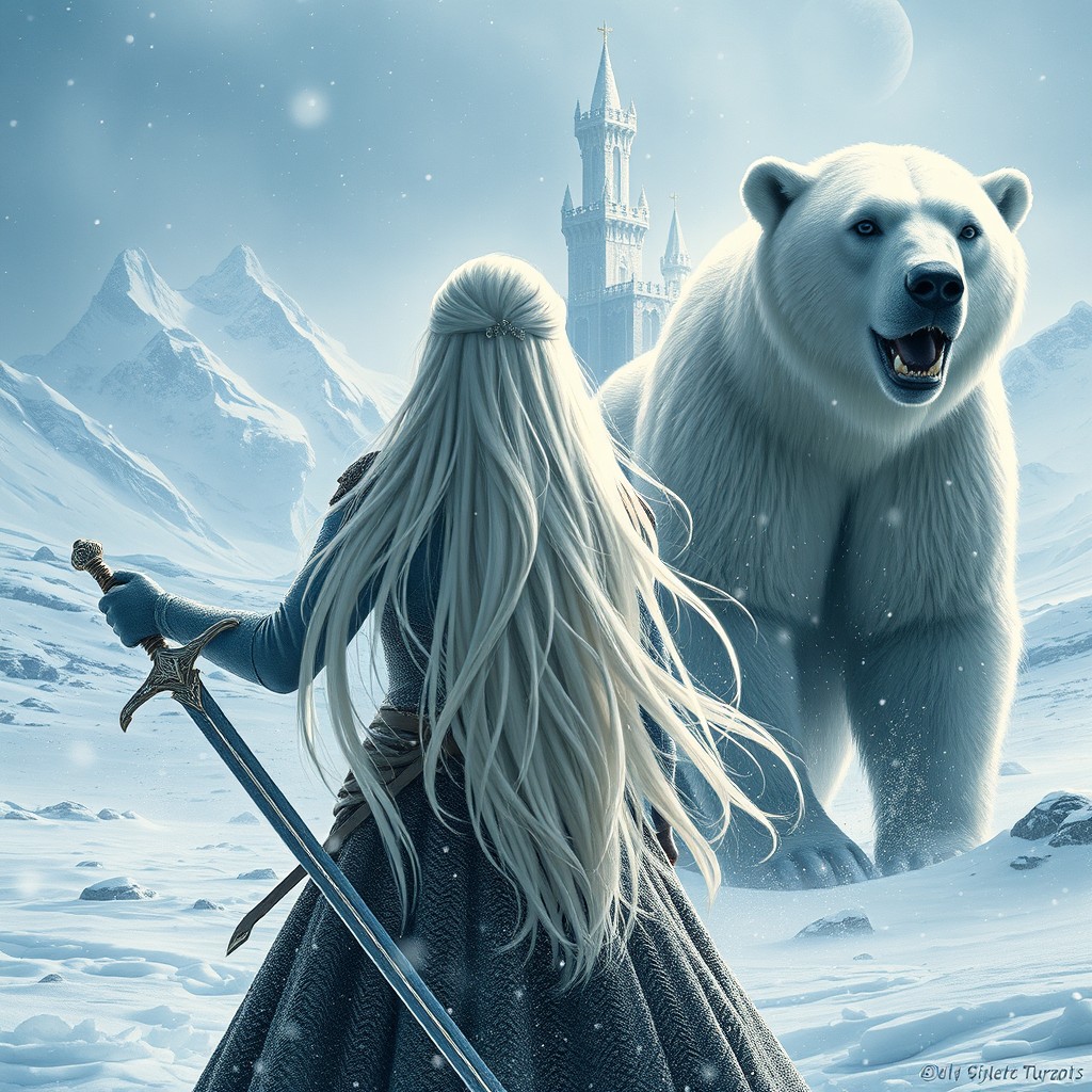 A captivating scene featuring a princess with long white hair, viewed from the front, wielding a sword in her right hand
