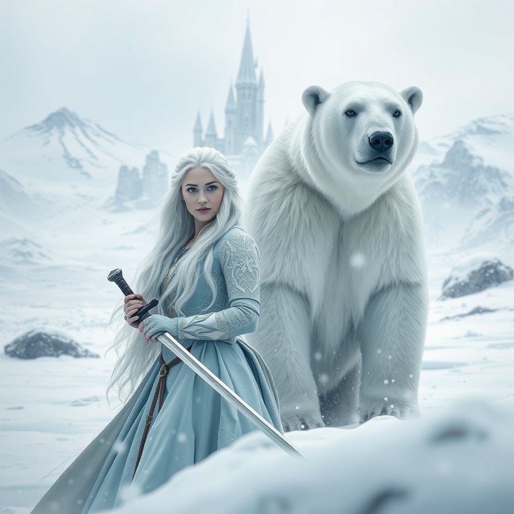 In the foreground, a princess with long white hair is depicted, facing the viewer and holding a sword in her right hand