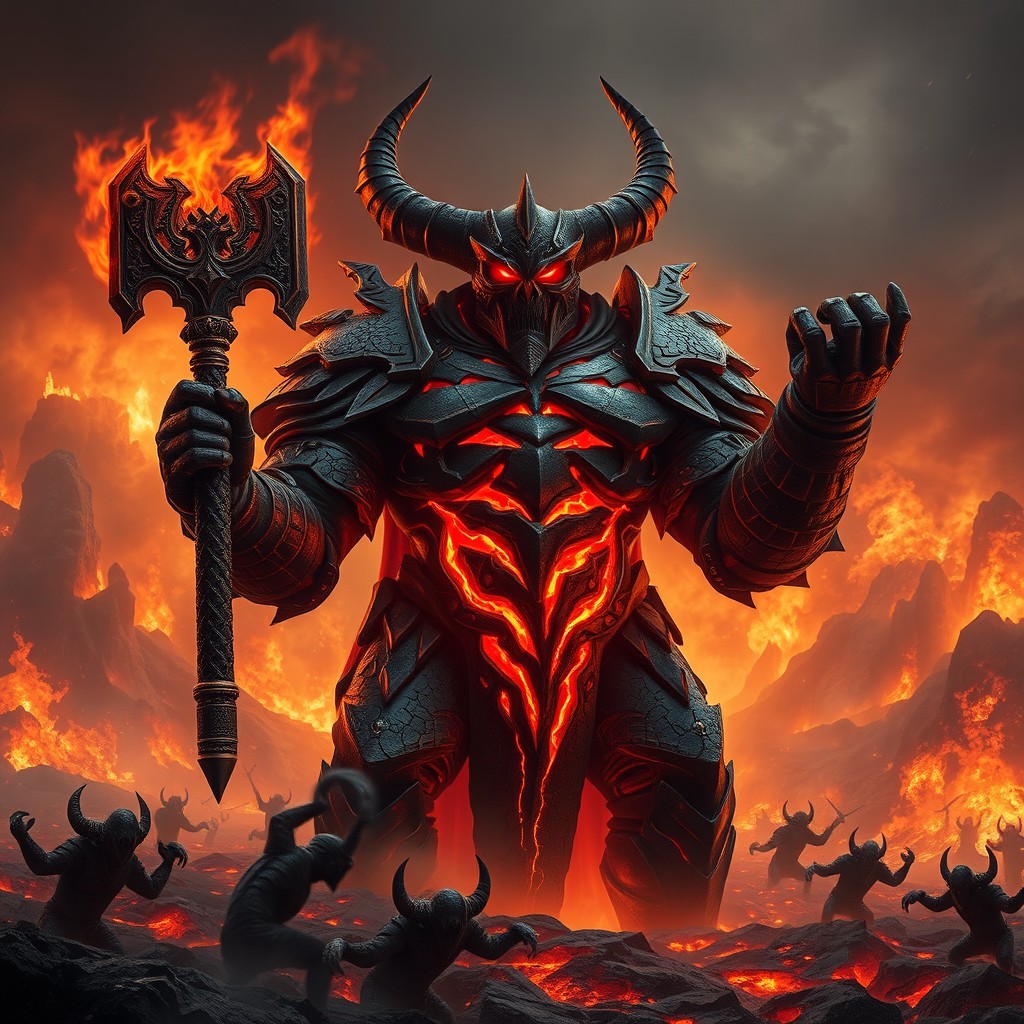 A colossal infernal warlord known as Moloch standing tall amidst rivers of lava and erupting fire