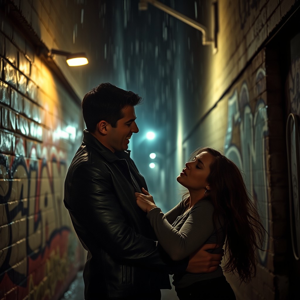 A dramatic scene in a dark alley, where a tense confrontation between a man and a woman unfolds