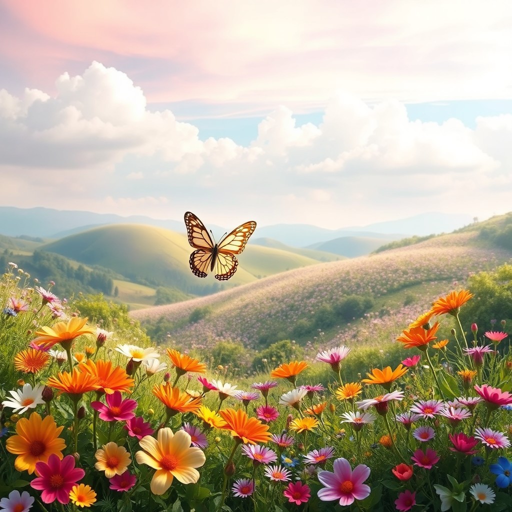 A whimsical banner featuring an enchanting landscape filled with vibrant, colorful flowers, lush greenery, and gentle rolling hills