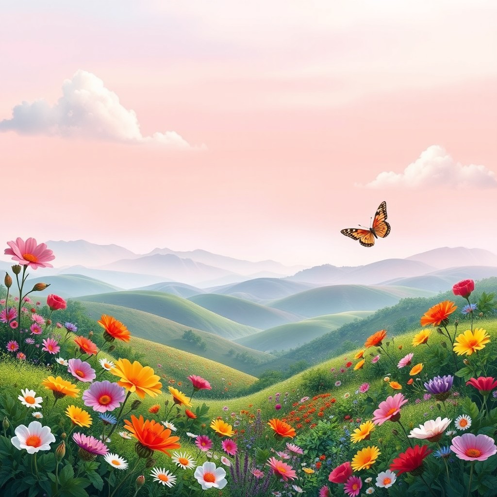 A whimsical banner designed specifically as a header for a letter, featuring an enchanting landscape filled with vibrant, colorful flowers, lush greenery, and gentle rolling hills