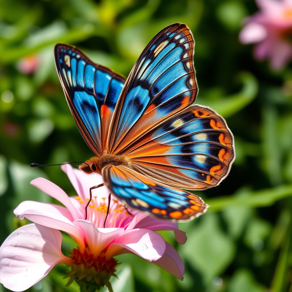 A close-up of a beautiful, large butterfly with intricate patterns on its wings, showcasing vibrant blue and orange colors