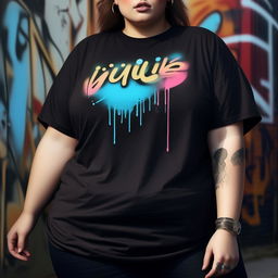 Design a plus-size, loose black t-shirt with the logo 'Ubique'. The logo should be in a bubble graffiti font, representative of street-style fashions.