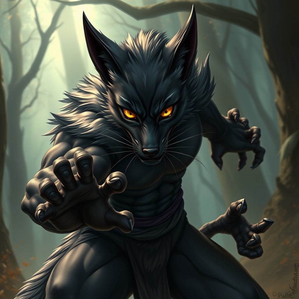 A fierce Tabaxi warrior character in a battle stance, embodying the traits of a black fox with sleek, dark fur