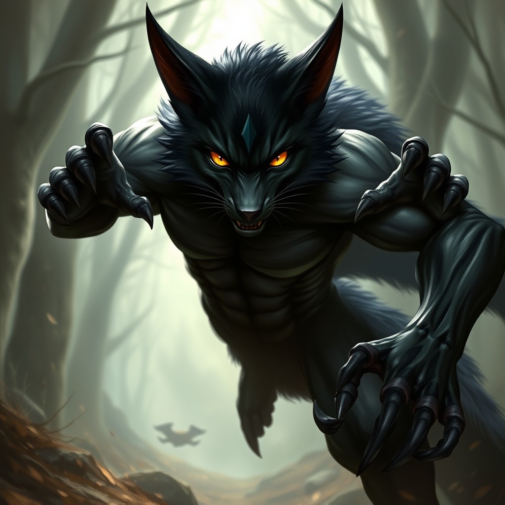 A fierce Tabaxi warrior character in a battle stance, embodying the traits of a black fox with sleek, dark fur