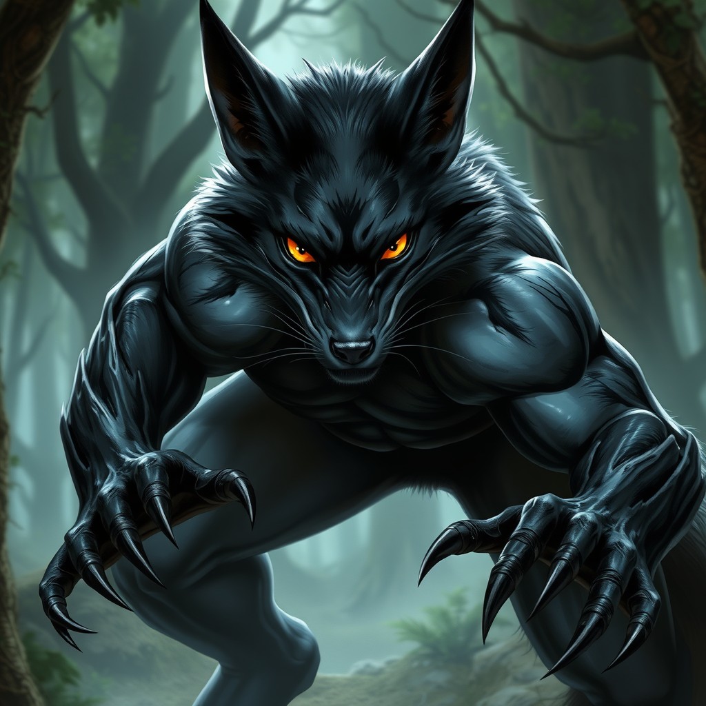 A fierce and imposing Tabaxi warrior character in a dynamic battle stance, representing the features of a black fox with glossy, dark fur