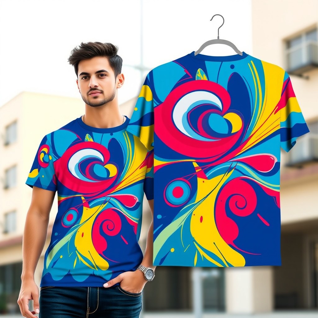 A vibrant and creative t-shirt design featuring a colorful abstract pattern with geometric shapes and swirls, blending shades of blue, red, and yellow