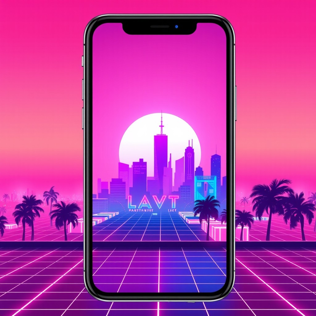 A stunning retrowave wallpaper designed for an iPhone screen, featuring vibrant neon colors like pink, purple, and blue, with a futuristic city skyline silhouetted against a glowing sunset