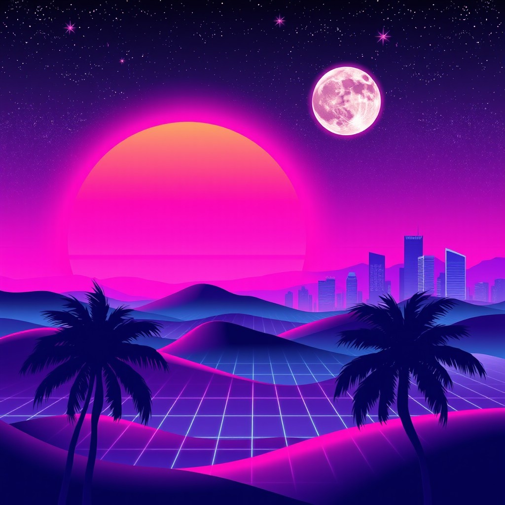 A vibrant and colorful retrowave wallpaper featuring a sunset with neon pink and purple hues, rolling hills in silhouette, and a digital grid stretching into the horizon
