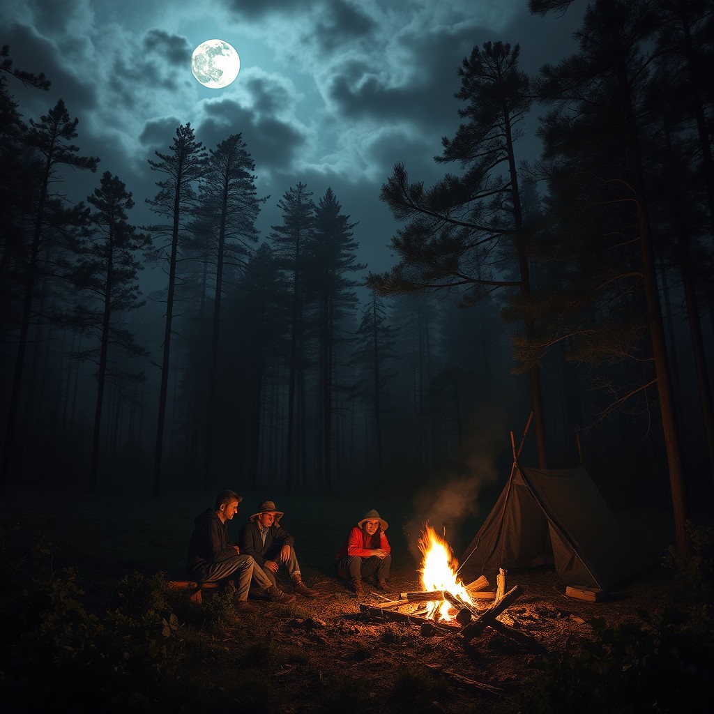 A chilling horror summer camping scene, featuring a dark, ominous forest with towering trees and thick underbrush