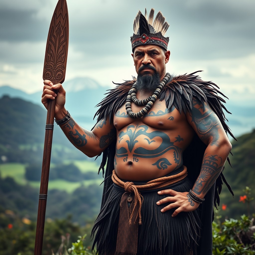 A fierce Maori warrior standing proudly, adorned in traditional tribal tattoos, wearing a feathered cape