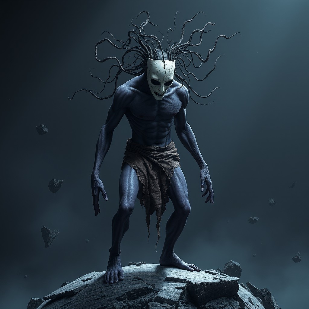 A terrifying eldritch humanoid figure with a ripped, athletic build and unnaturally long limbs, slightly hunched over, exuding a palpable sense of eerie menace