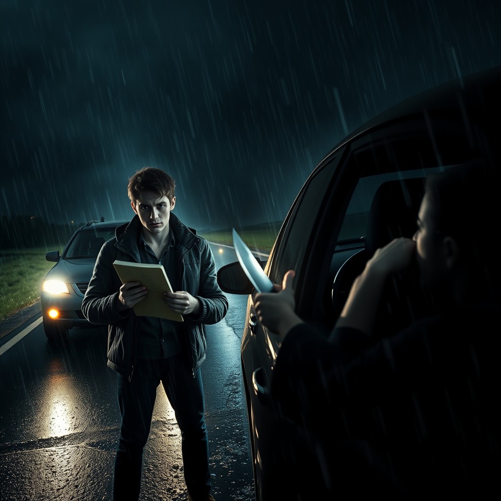 A tense and atmospheric scene depicting a dark, rainy night on a desolate road where a car pulls over to pick up a mysterious hitchhiker