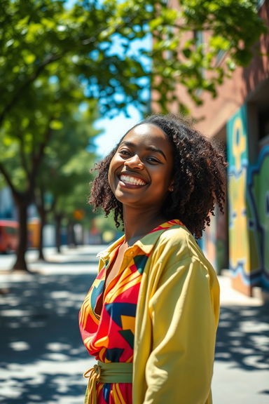 A confident and beautiful Black girl standing in a sunlit urban setting