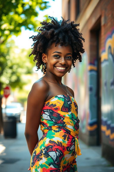 A confident and beautiful Black girl standing in a sunlit urban setting