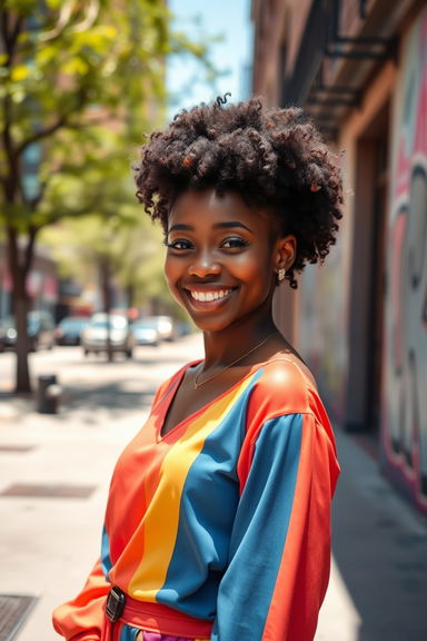 A confident and beautiful Black girl standing in a sunlit urban setting