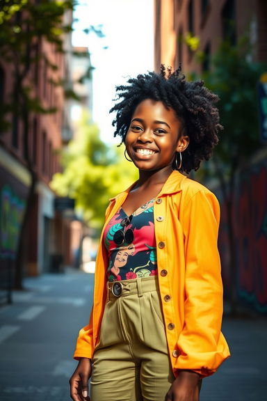 A confident and beautiful Black girl standing in a sunlit urban setting
