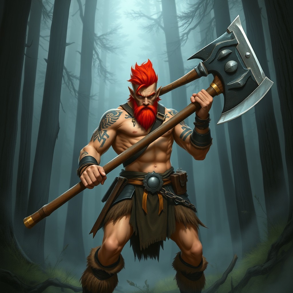A fierce half elf barbarian stands confidently, brandishing a massive axe