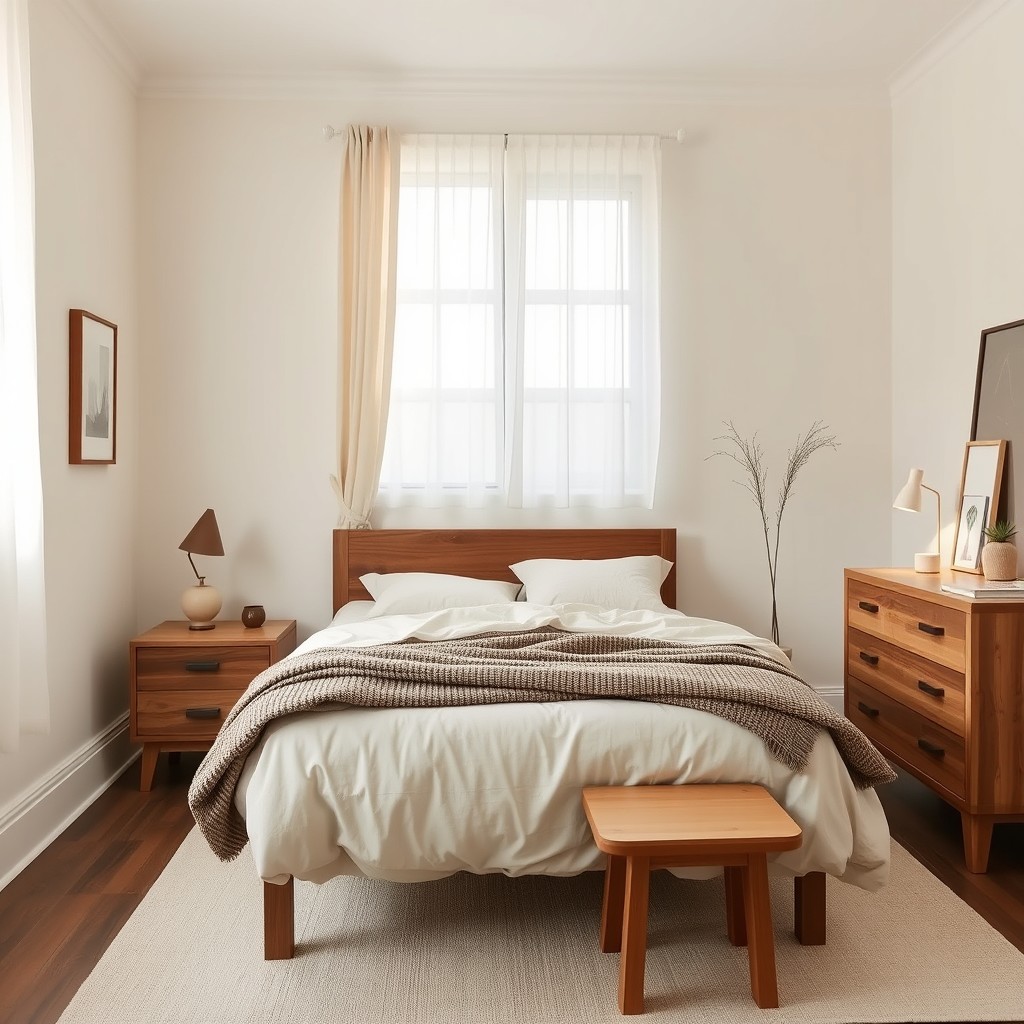A serene bedroom designed in Wabi-Sabi and Scandinavian styles, featuring light cream walls that create a soft and inviting atmosphere