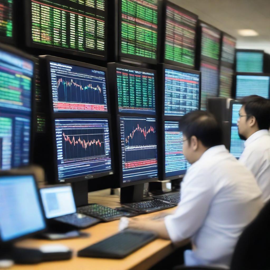 A bustling stock market with traders frantically buying and selling stocks. Screens display fluctuating graphs and indices.