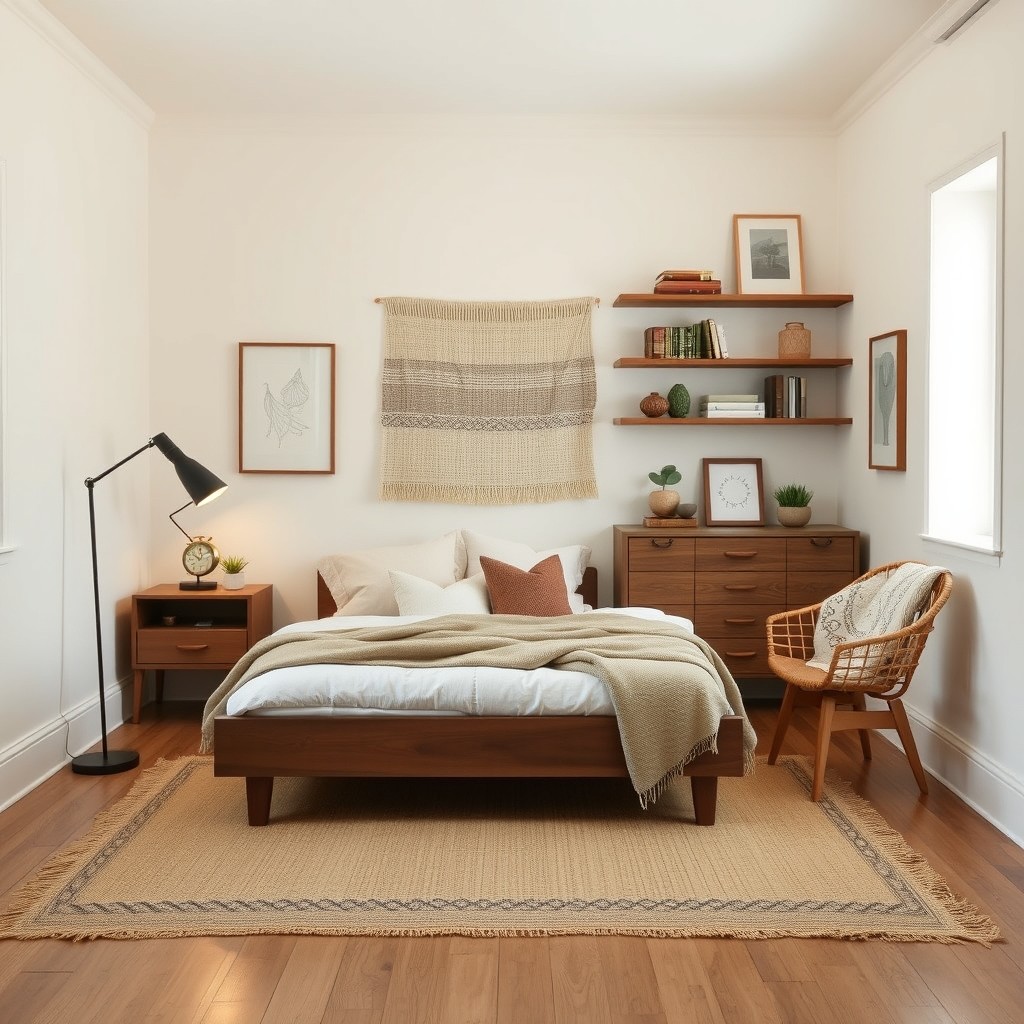 An enchanting bedroom designed in Wabi-Sabi and Scandinavian styles, featuring light cream walls that evoke a sense of tranquility